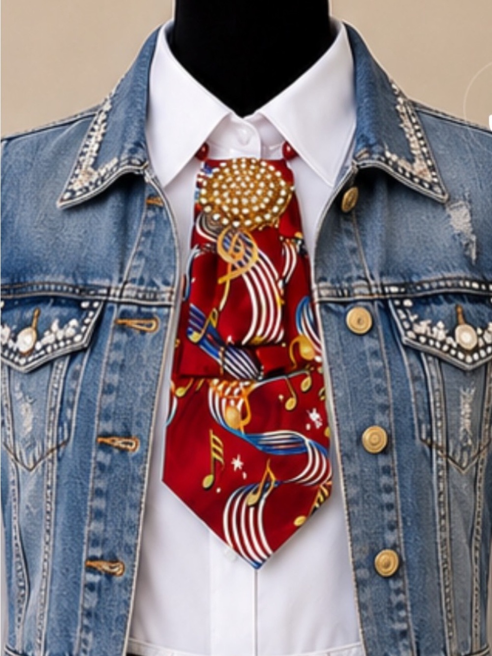 OOAK NECKTIE NECKLACE  Steven Harris Music Tie Gold Rhinestone Brooch Red Beads